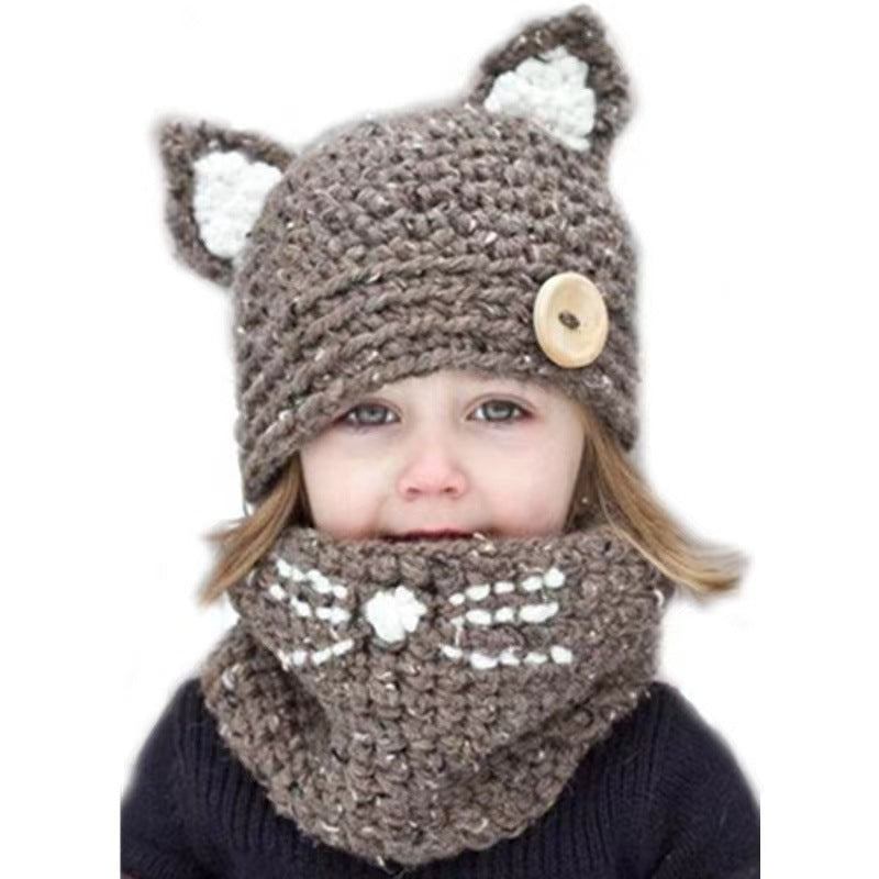 Autumn And Winter Cat Ears Wool Children Hat Scarf Two-piece Set Cute Baby