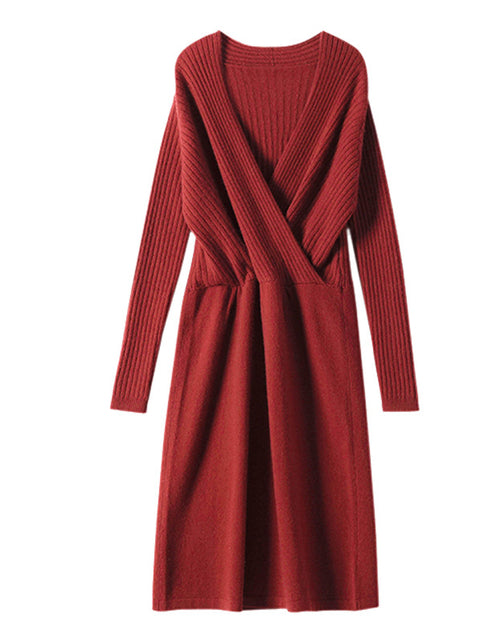 Load image into Gallery viewer, Cashmere V-neck Mid-length Pullover Commute Style Fashion Wool Dress Cameo Red
