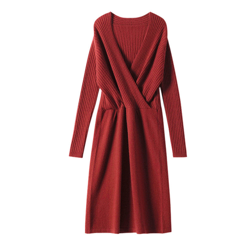 Cashmere V-neck Mid-length Pullover Commute Style Fashion Wool Dress Cameo Red