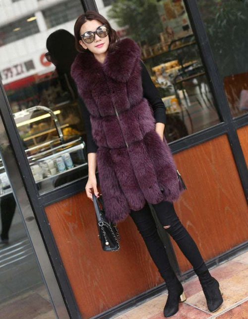 Load image into Gallery viewer, Causal Slim Fit Faux Fox Fur Stitching Mid Length Coat Purple
