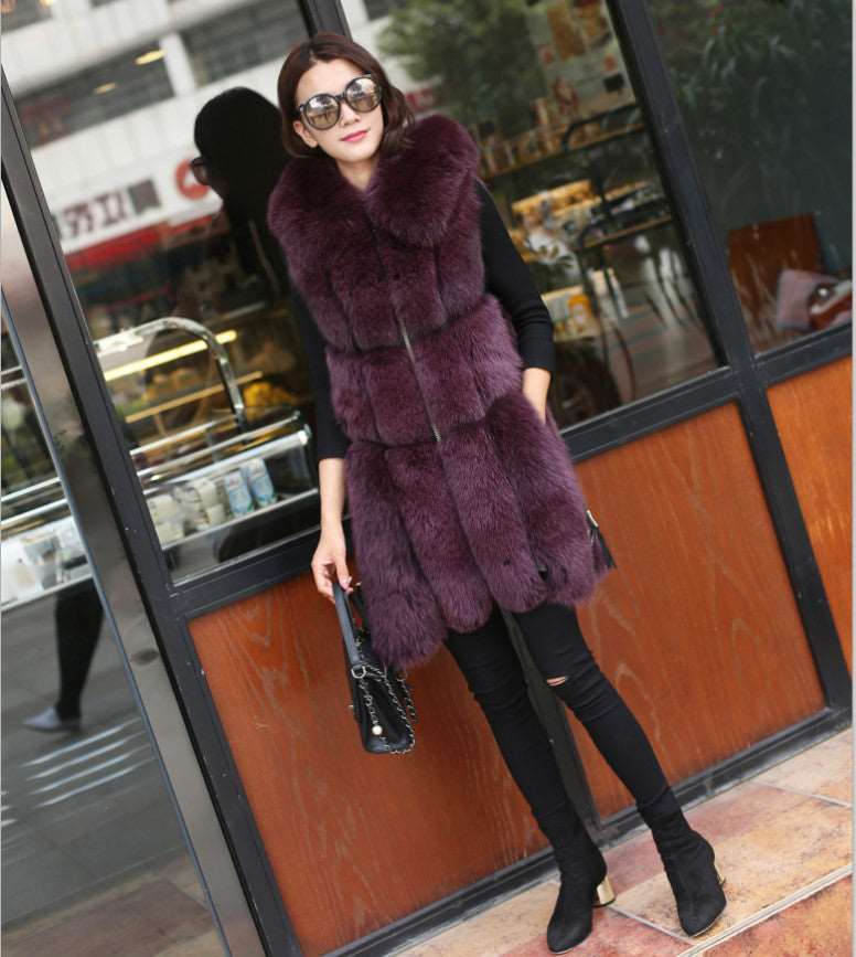 Causal Slim Fit Faux Fox Fur Stitching Mid Length Coat Purple