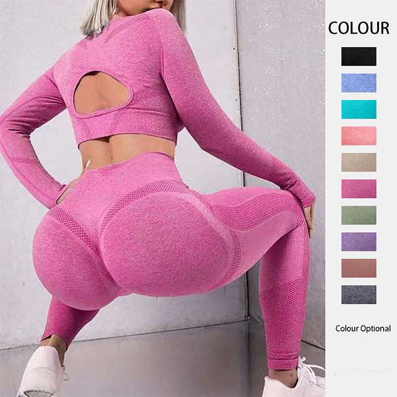 Elevate Your Workout: 2pcs Sports Suits with Long Sleeve Hollow Design Tops and Butt Lifting High Waist Seamless Fitness Leggings - Stylish Gym Sportswear Outfits