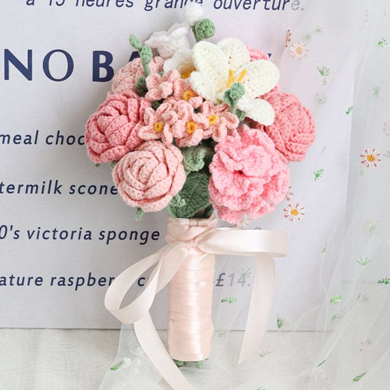 Handmade Woolen Knitting Hand Bouquet Flower Pink