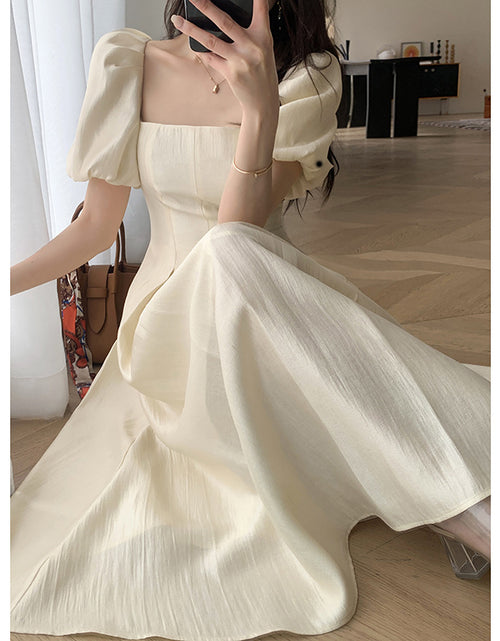 Load image into Gallery viewer, Square Collar French Tea Break High Waist-tight Puff Sleeve Gentle Sweet, Fresh, Princess Style Solid Beige Color Long Dress
