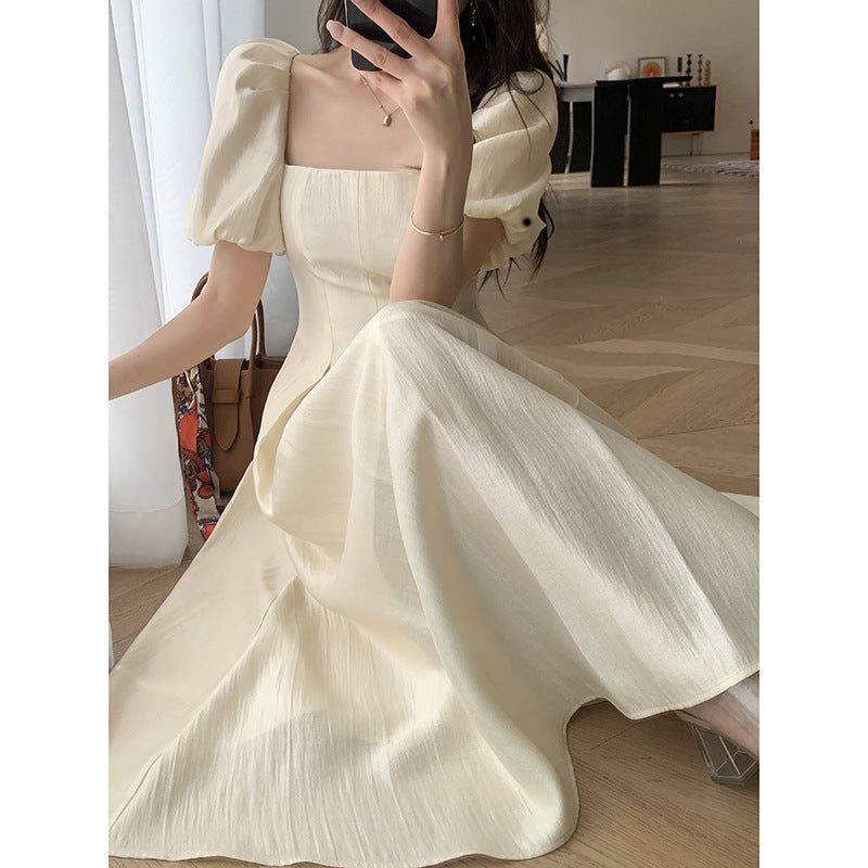 Square Collar French Tea Break High Waist-tight Puff Sleeve Gentle Sweet, Fresh, Princess Style Solid Beige Color Long Dress