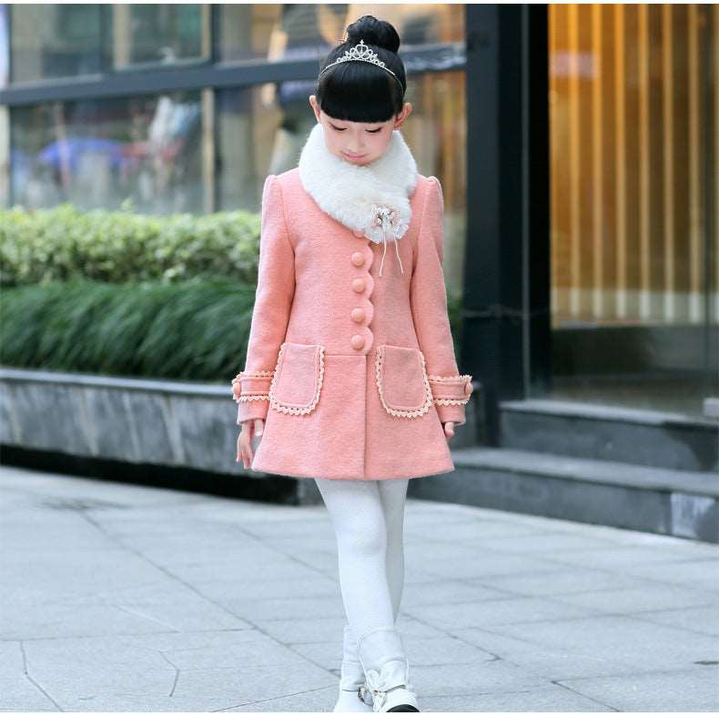 Girl long sleeve formal elegant fur collar coat