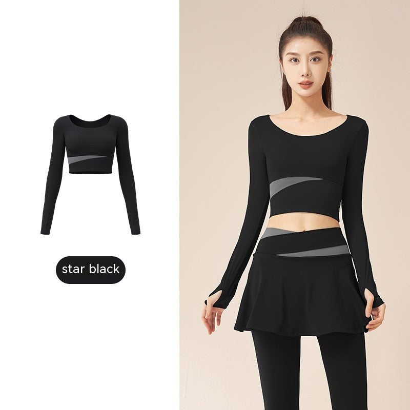 Contrast Color Fast-drying Workout Top Slim Fit Nude Feel Seamless Yoga Long Sleeve Star Black