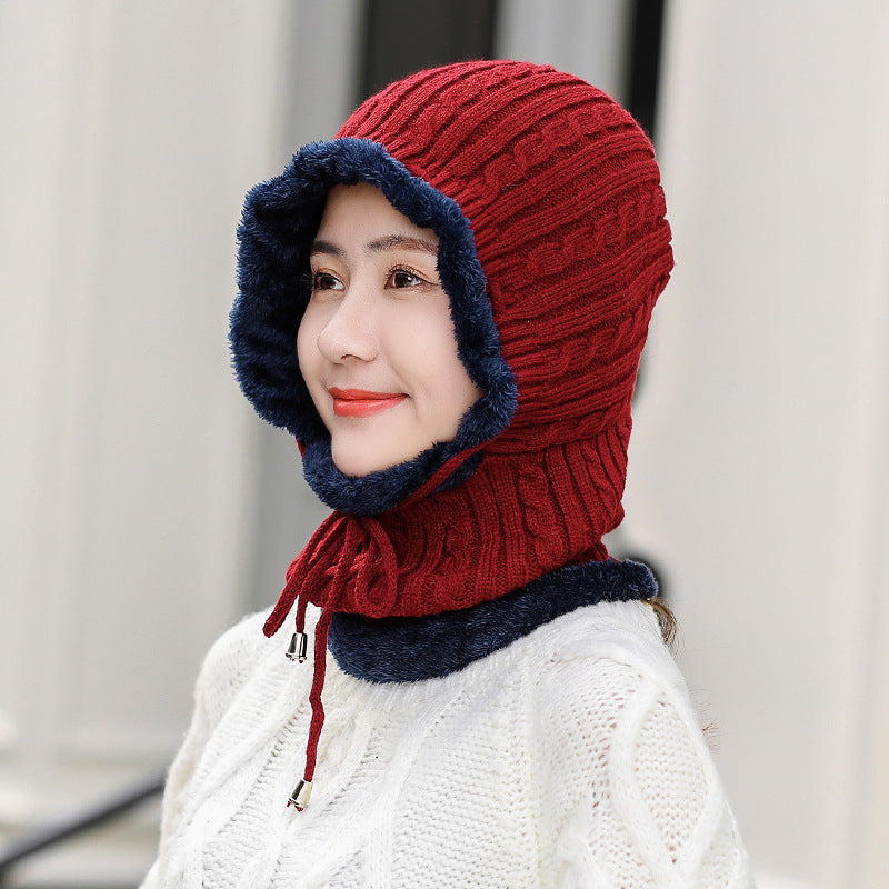 Wool knitted hat plus velvet scarf Wine Red