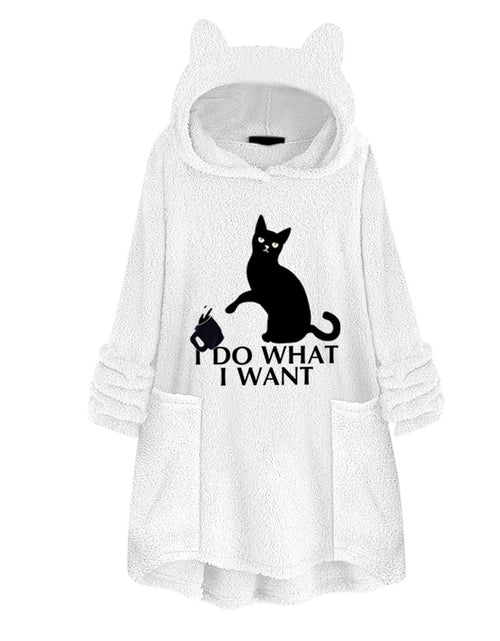 Load image into Gallery viewer, Hooded Pullover Cat Print Long Sleeved Reversible Velvet Brushed Comfortable Hooded Collar Sweater White
