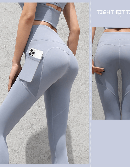 Load image into Gallery viewer, Enhance Your Workout: Seamless Leggings with Pockets, Push-Up High Waist - Women&#39;s Fitness Running Yoga Pants for Gym Sports Gray Lake Blue
