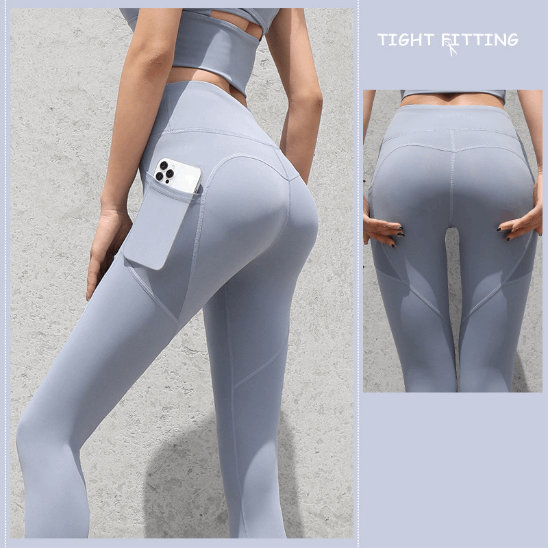 Enhance Your Workout: Seamless Leggings with Pockets, Push-Up High Waist - Women's Fitness Running Yoga Pants for Gym Sports Gray Lake Blue