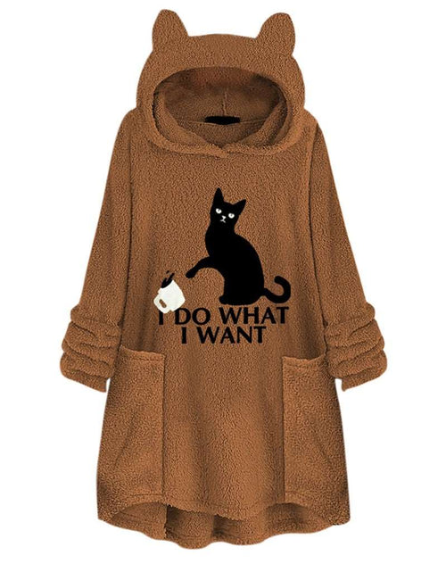 Load image into Gallery viewer, Hooded Pullover Cat Print Long Sleeved Reversible Velvet Brushed Comfortable Hooded Collar Sweater Earth yellow
