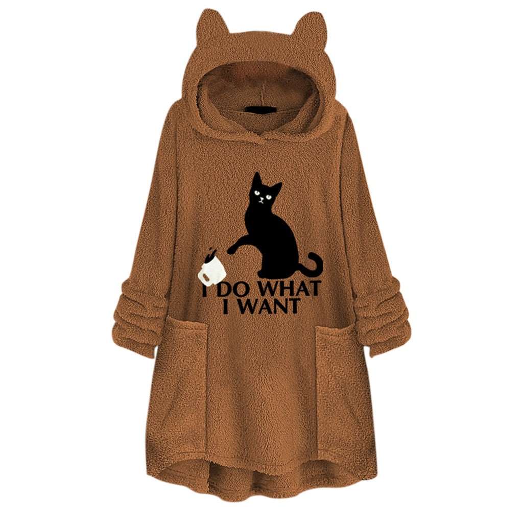 Hooded Pullover Cat Print Long Sleeved Reversible Velvet Brushed Comfortable Hooded Collar Sweater Earth yellow