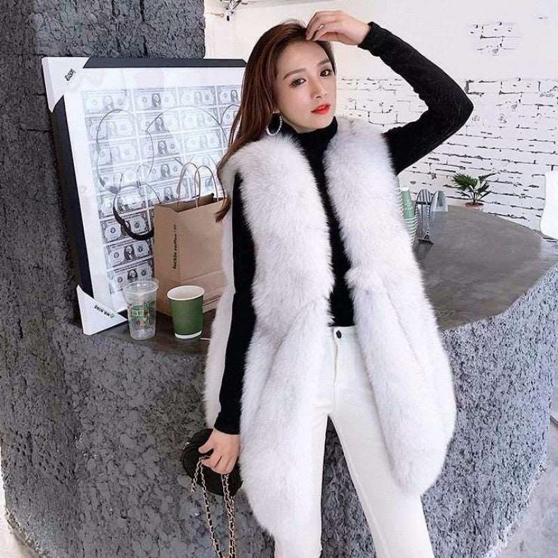 Elegant Fashion Stylish Faux Fur Vest Women's Mid-length Vest Coat Silver Fox Color