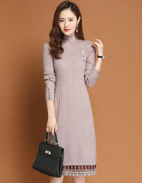 Load image into Gallery viewer, Cotton A-line Long Semi High Neck Lace Bottomed Sweater Skirt One Size Camel color One size
