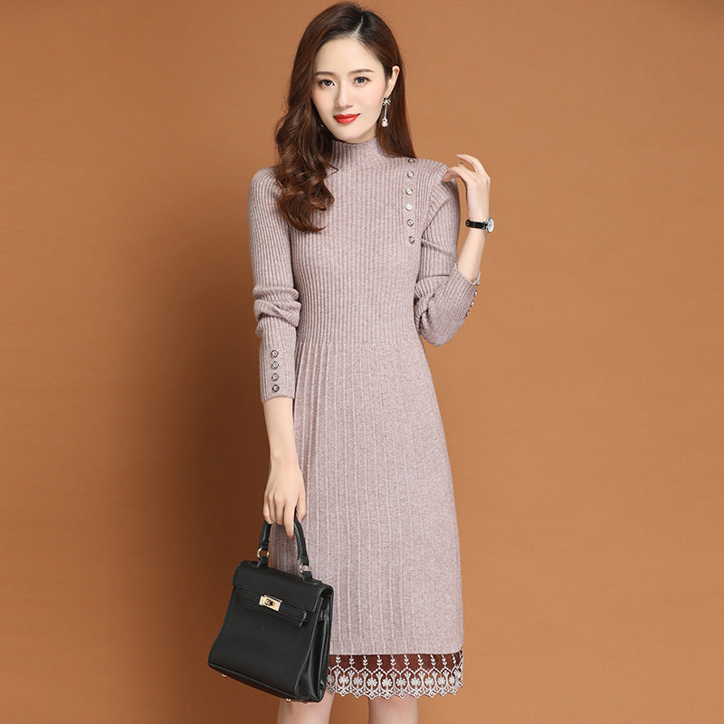 Cotton A-line Long Semi High Neck Lace Bottomed Sweater Skirt One Size Camel color One size