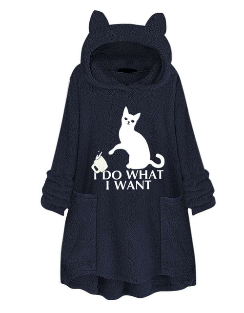 Load image into Gallery viewer, Hooded Pullover Cat Print Long Sleeved Reversible Velvet Brushed Comfortable Hooded Collar Sweater Sapphire
