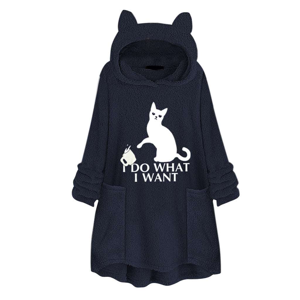 Hooded Pullover Cat Print Long Sleeved Reversible Velvet Brushed Comfortable Hooded Collar Sweater Sapphire