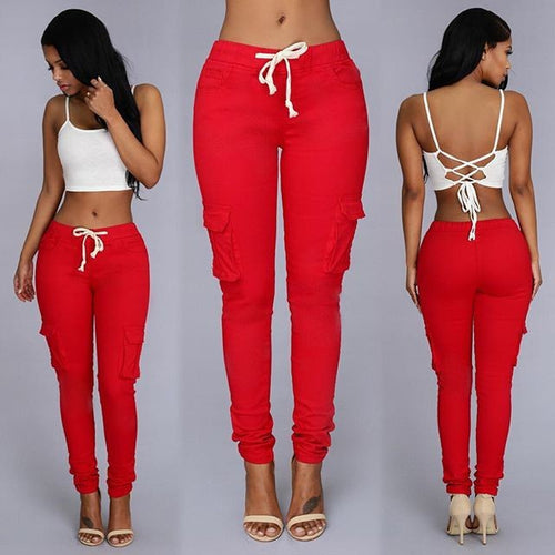 Load image into Gallery viewer, Versatile Chic: Women&#39;s Mid-Waisted Cotton Tight-Fit Casual Pants with Multiple Pockets Gules
