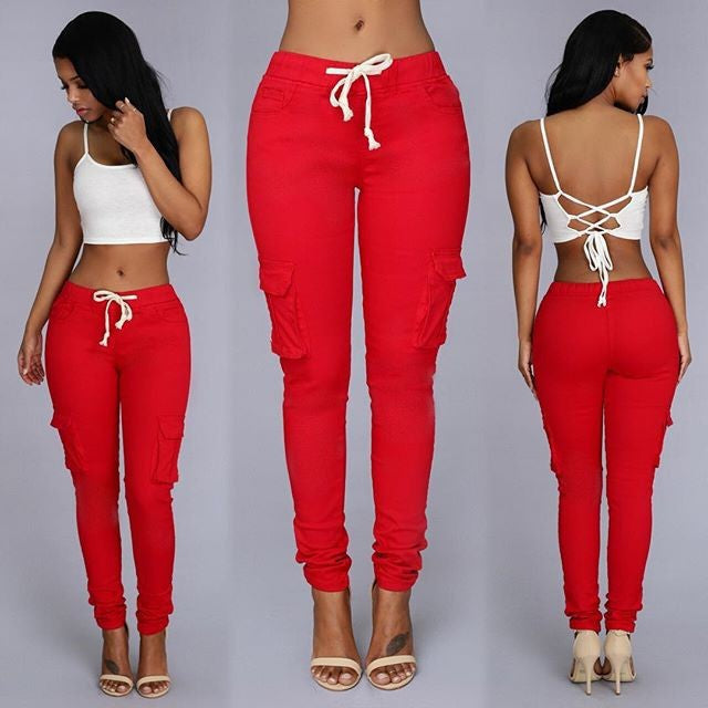 Versatile Chic: Women's Mid-Waisted Cotton Tight-Fit Casual Pants with Multiple Pockets Gules