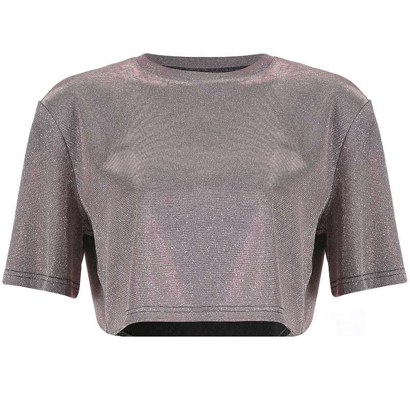 Effortless Style: Loose Navel T-shirt in Reflective Grey - Crew Neck, Mid-Sleeve, Solid Color, Fiber Blend Grey