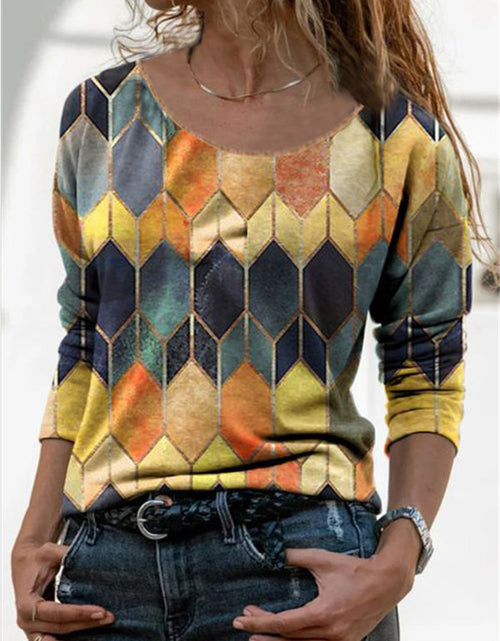 Load image into Gallery viewer, Timeless Elegance: Long Sleeve Retro Geometric Print Casual Top T-shirt Yellow
