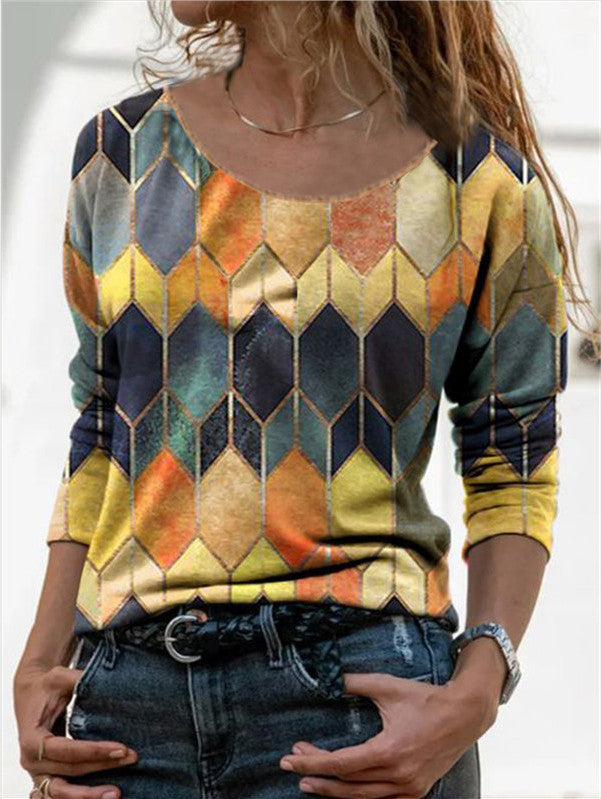 Timeless Elegance: Long Sleeve Retro Geometric Print Casual Top T-shirt Yellow