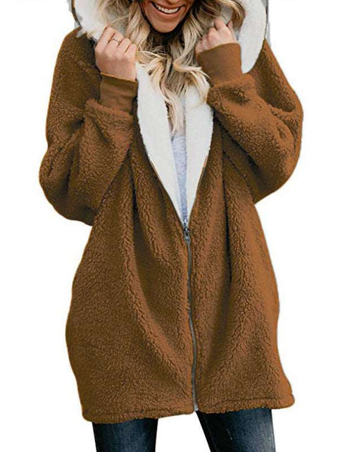 Load image into Gallery viewer, Plain Color Simple Style Hooded zipper cardigan fur coat plush sweater Camel color
