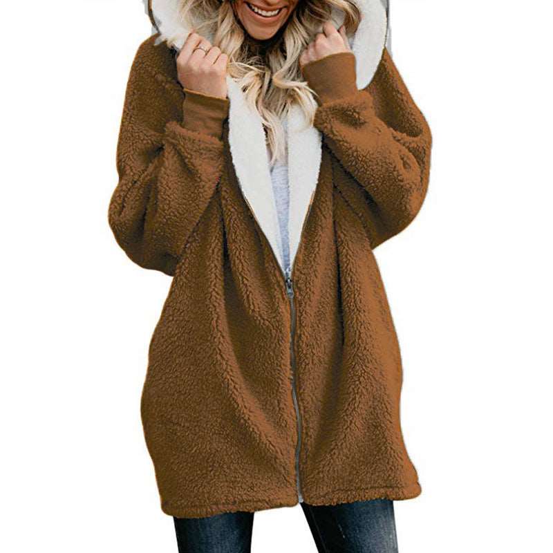 Plain Color Simple Style Hooded zipper cardigan fur coat plush sweater Camel color