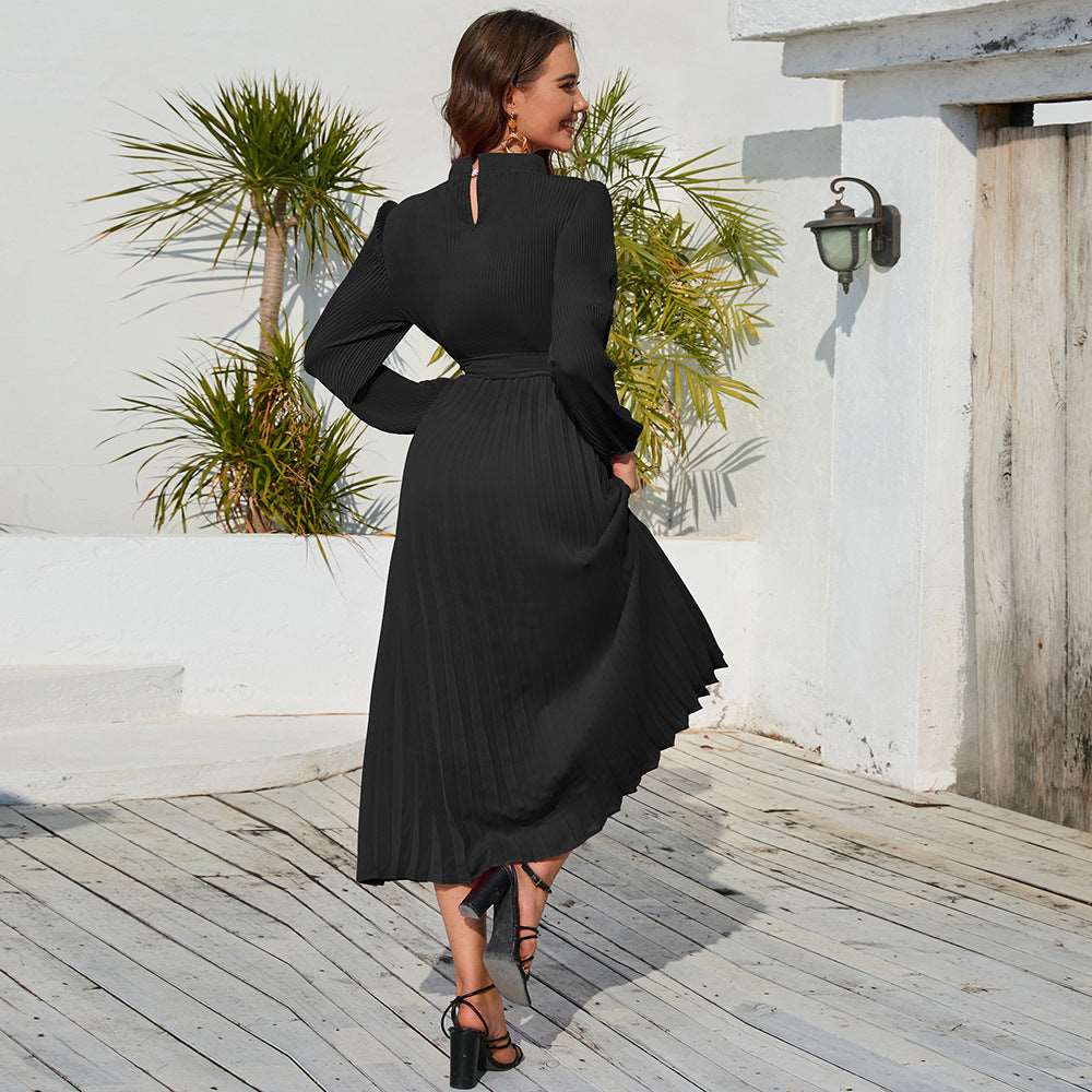 Ice Silk Anti-wrinkle Temperament Commute Style Elastic Waist Plain Solid Color Women's Fashion Graceful Stand Collar Puff Sleeve Dress