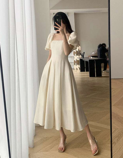 Load image into Gallery viewer, Square Collar French Tea Break High Waist-tight Puff Sleeve Gentle Sweet, Fresh, Princess Style Solid Beige Color Long Dress
