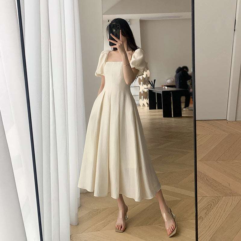 Square Collar French Tea Break High Waist-tight Puff Sleeve Gentle Sweet, Fresh, Princess Style Solid Beige Color Long Dress