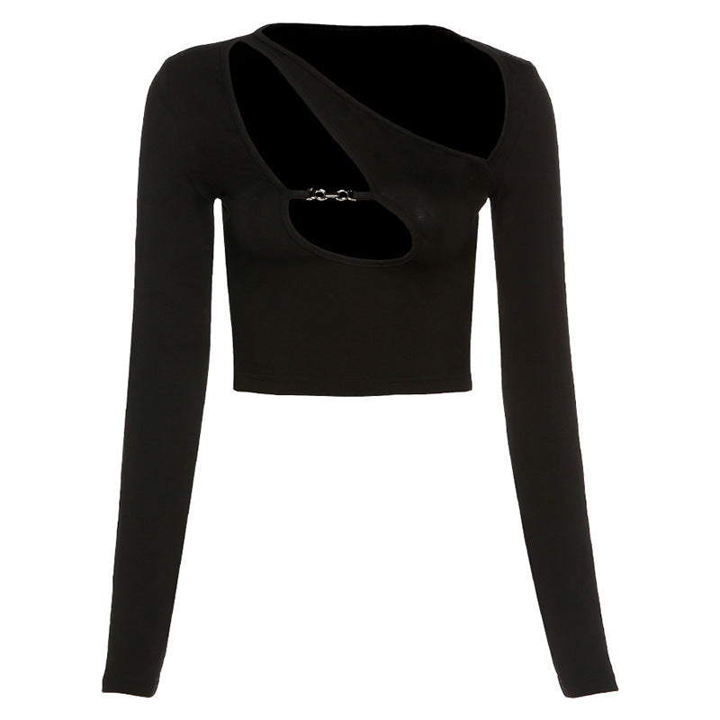 Women's Long-Sleeved Short Cropped Navel Fashion All-Match Slim Cotton T-Shirt Black