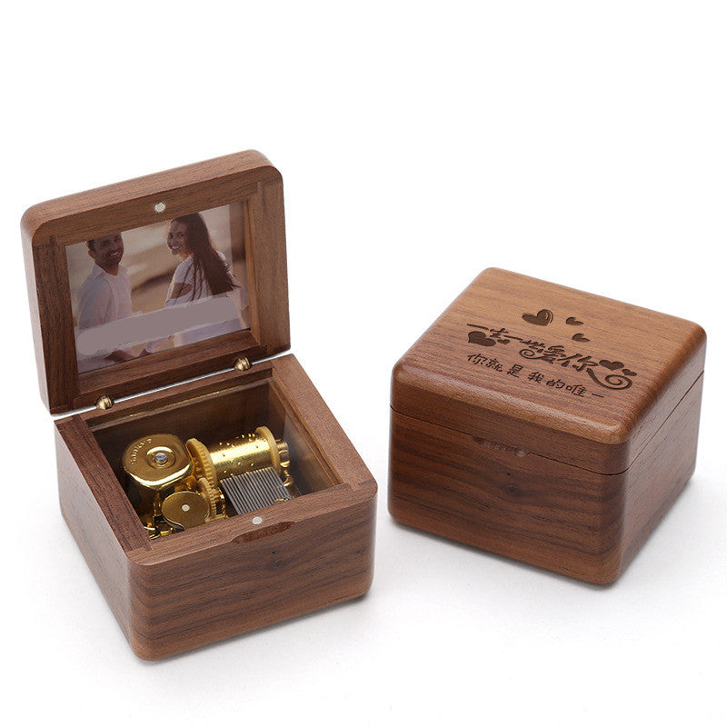 Wooden DIY Photo Music Box Children Birthday Gift Music Box Walnut