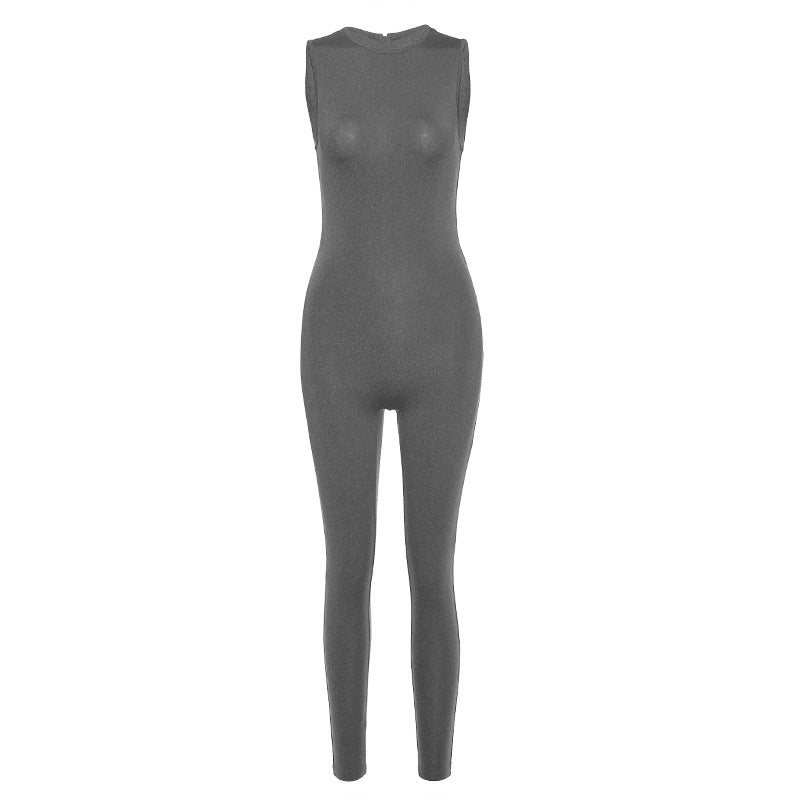 Sculpt and Soar: Sleeveless Slim High Waist Sports Jumpsuit in Black or White Color Grey