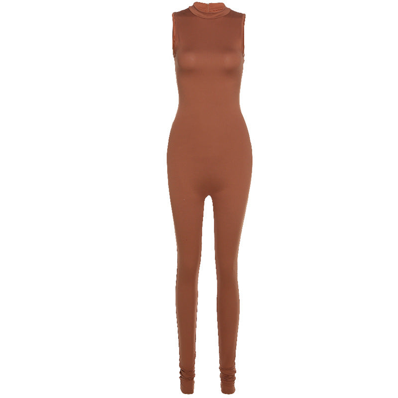 Sculpt and Soar: Sleeveless Slim High Waist Sports Jumpsuit in Black or White Color Brown