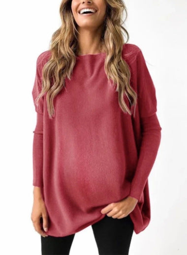 Load image into Gallery viewer, Cozy Chic: Women&#39;s Fluffy Tie Top T-shirt – Street Style Round Neck, Horn Long Sleeve, and Loose Fit in Cotton Comfort Rose Red
