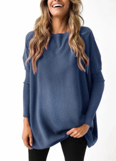 Cozy Chic: Women's Fluffy Tie Top T-shirt – Street Style Round Neck, Horn Long Sleeve, and Loose Fit in Cotton Comfort Light blue