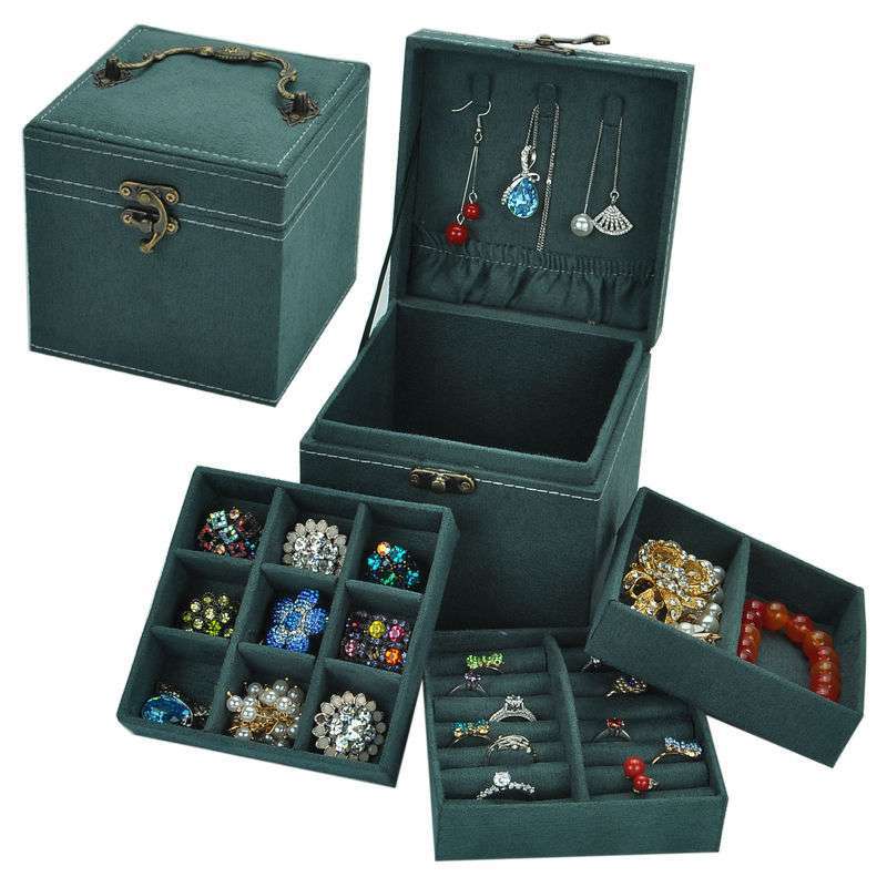 Retro Jewelry Box European-style Small Multi-layer Lattice Dark Green