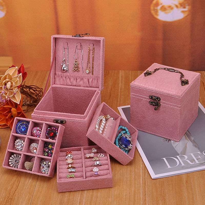 Retro Jewelry Box European-style Small Multi-layer Lattice Pink