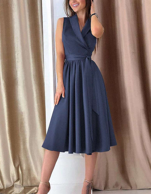 Load image into Gallery viewer, Effortless Elegance: Casual Sleeveless Belt Midi Dress for Chic Females Blue
