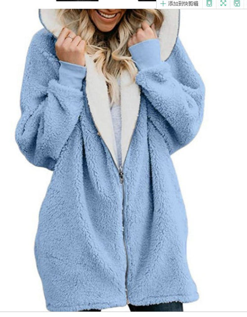 Load image into Gallery viewer, Plain Color Simple Style Hooded zipper cardigan fur coat plush sweater Light blue
