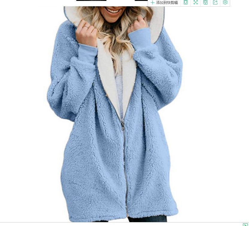 Plain Color Simple Style Hooded zipper cardigan fur coat plush sweater Light blue