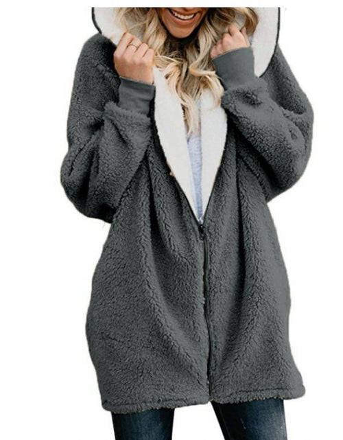 Load image into Gallery viewer, Plain Color Simple Style Hooded zipper cardigan fur coat plush sweater Dark grey
