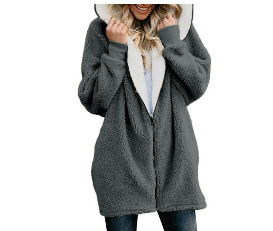 Plain Color Simple Style Hooded zipper cardigan fur coat plush sweater Dark grey