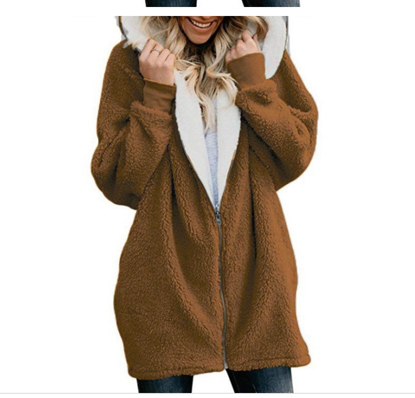 Plain Color Simple Style Hooded zipper cardigan fur coat plush sweater