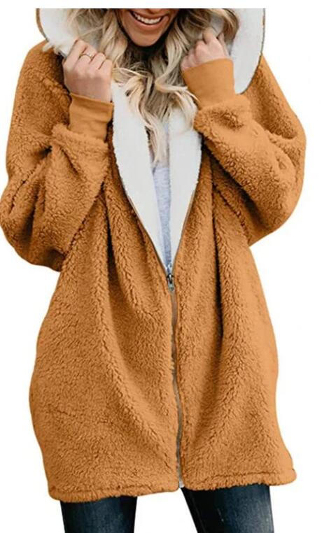 Plain Color Simple Style Hooded zipper cardigan fur coat plush sweater