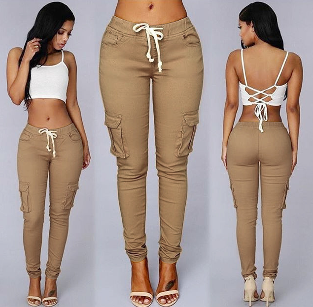 Versatile Chic: Women's Mid-Waisted Cotton Tight-Fit Casual Pants with Multiple Pockets Light Khaki (New)