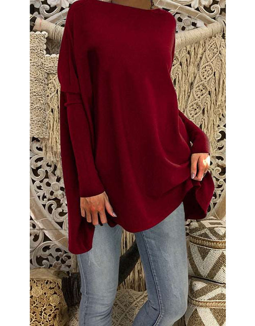 Load image into Gallery viewer, Cozy Chic: Women&#39;s Fluffy Tie Top T-shirt – Street Style Round Neck, Horn Long Sleeve, and Loose Fit in Cotton Comfort Red
