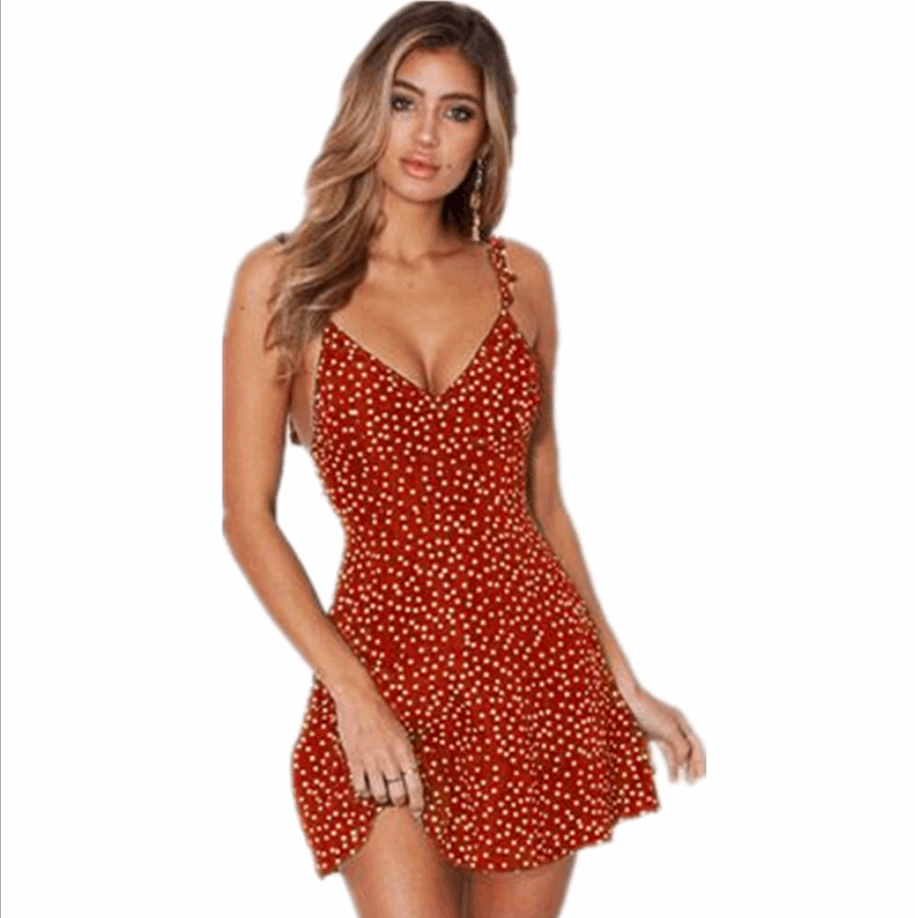 Chic Summer Vibes: Polka-dot Strappy Dress - Women's Fashion Beach Sundress with V-neck, Sleeveless Design, and Princess Cut Short Skirt Red